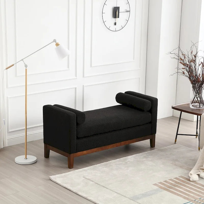 Banc capitonné élégant en boucle de 53,5 po de largeur, pouf avec pieds en bois et traversins