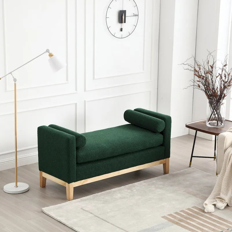 Banc capitonné élégant en boucle de 53,5 po de largeur, pouf avec pieds en bois et traversins