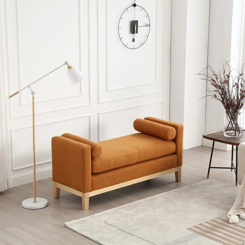 Banc capitonné élégant en boucle de 53,5 po de largeur, pouf avec pieds en bois et traversins