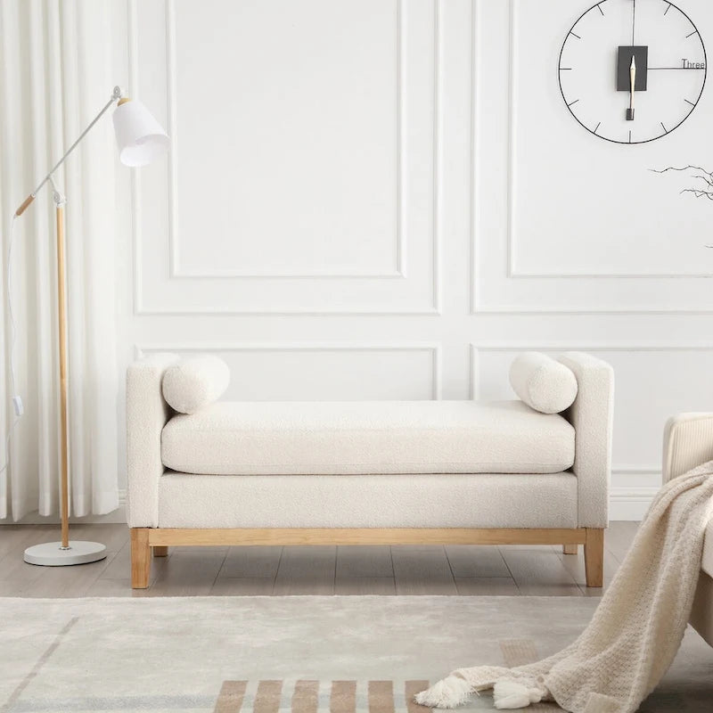 Banc capitonné élégant en boucle de 53,5 po de largeur, pouf avec pieds en bois et traversins