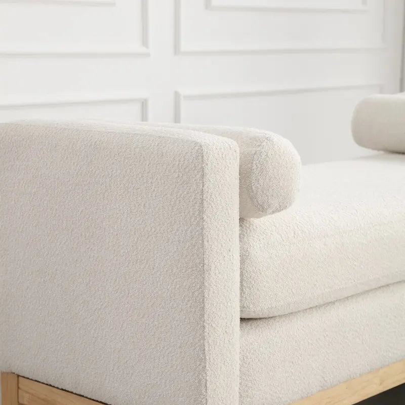 Banc capitonné élégant en boucle de 53,5 po de largeur, pouf avec pieds en bois et traversins