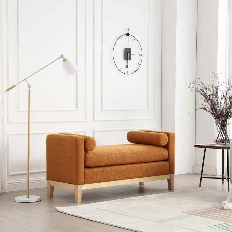Banc capitonné élégant en boucle de 53,5 po de largeur, pouf avec pieds en bois et traversins