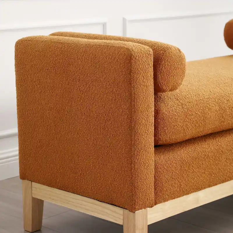 Banc capitonné élégant en boucle de 53,5 po de largeur, pouf avec pieds en bois et traversins