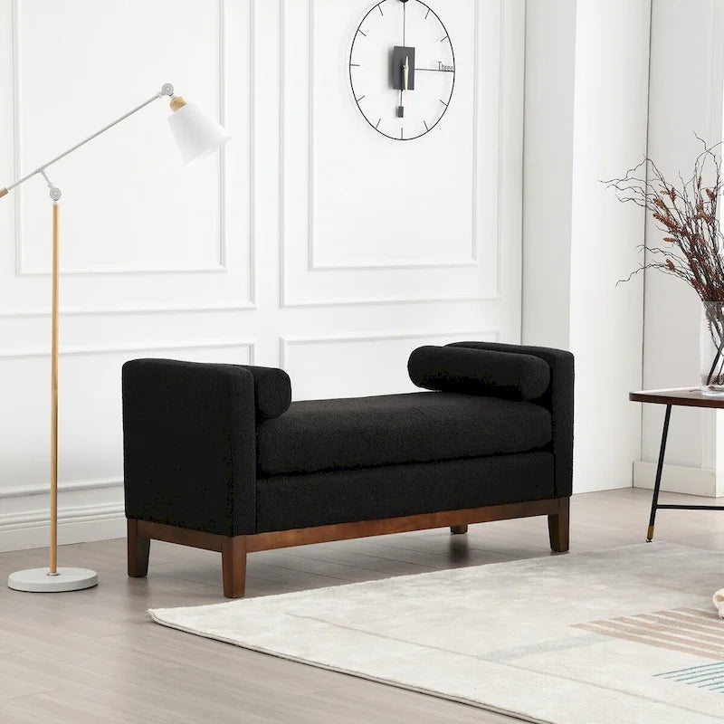 Banc capitonné élégant en boucle de 53,5 po de largeur, pouf avec pieds en bois et traversins