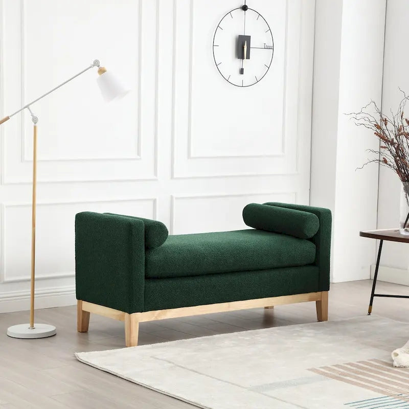 Banc capitonné élégant en boucle de 53,5 po de largeur, pouf avec pieds en bois et traversins