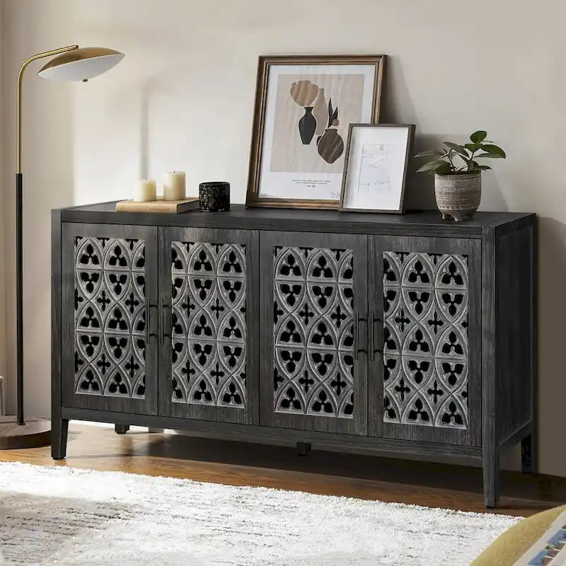 Meuble bas antique ajouré à quatre portes, style campagnard américain, convient pour le salon, meuble TV, la cuisine (noir antique)