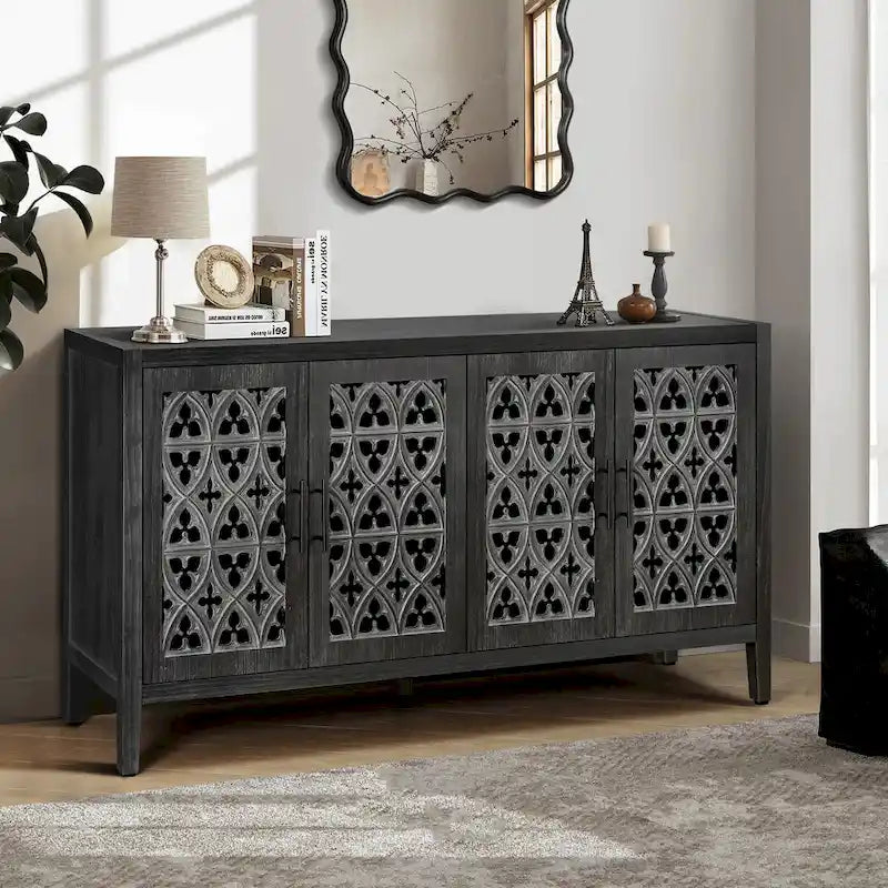 Meuble bas antique ajouré à quatre portes, style campagnard américain, convient pour le salon, meuble TV, la cuisine (noir antique)