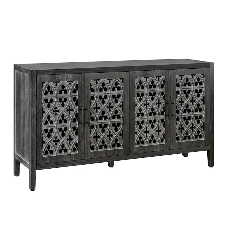 Meuble bas antique ajouré à quatre portes, style campagnard américain, convient pour le salon, meuble TV, la cuisine (noir antique)