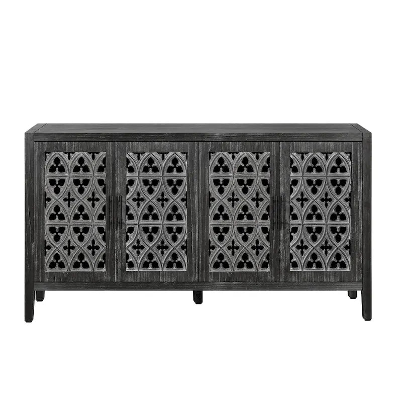 Meuble bas antique ajouré à quatre portes, style campagnard américain, convient pour le salon, meuble TV, la cuisine (noir antique)