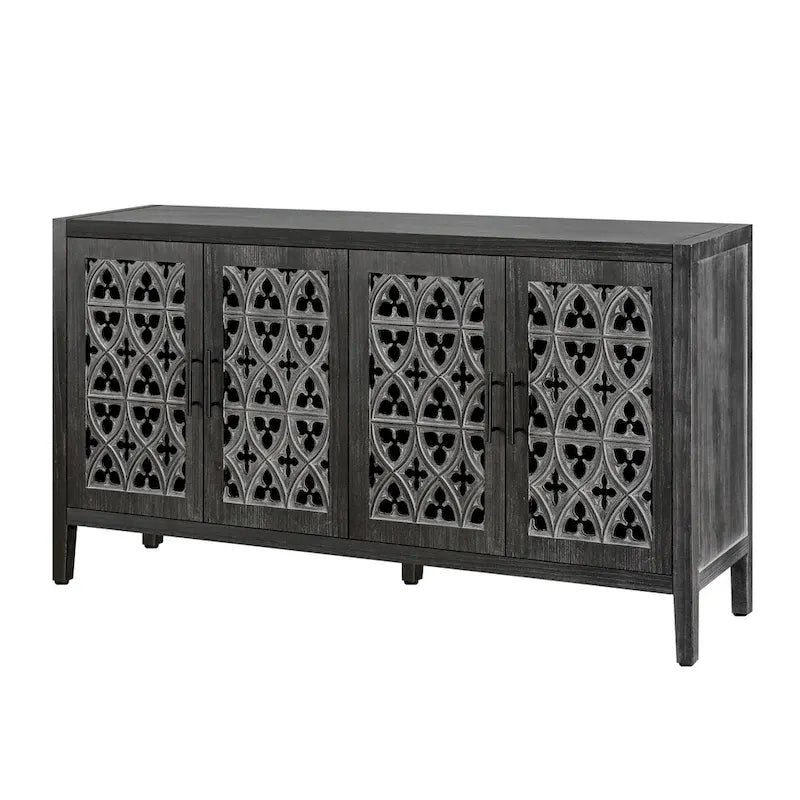 Meuble bas antique ajouré à quatre portes, style campagnard américain, convient pour le salon, meuble TV, la cuisine (noir antique)