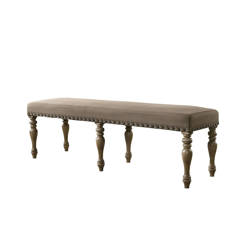 Banc rembourré avec garniture cloutée et pieds en bois
