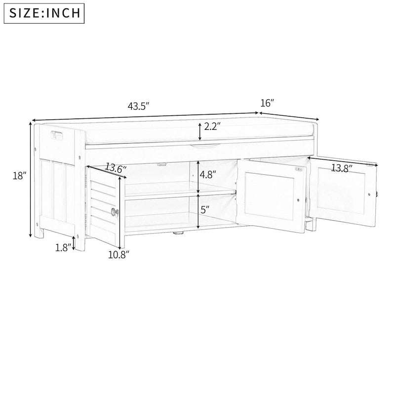 Banc de rangement avec 3 portes persiennes, banc à chaussures avec coussin amovible et espace de rangement caché