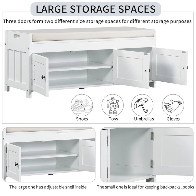 Banc de rangement avec 3 portes persiennes, banc à chaussures avec coussin amovible et espace de rangement caché