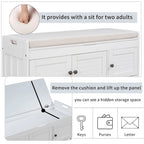 Banc de rangement avec 3 portes persiennes, banc à chaussures avec coussin amovible et espace de rangement caché