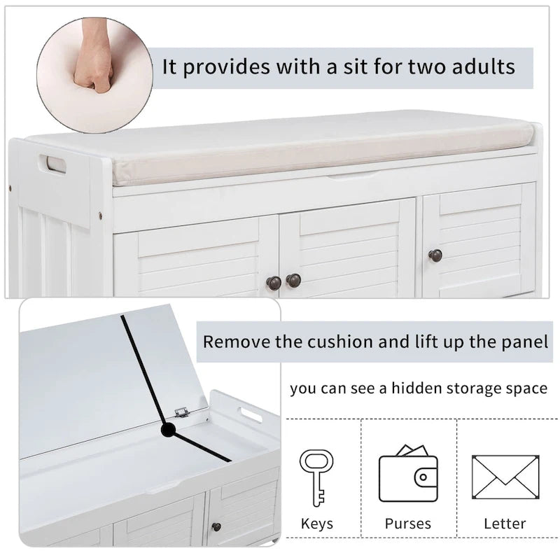 Banc de rangement avec 3 portes persiennes, banc à chaussures avec coussin amovible et espace de rangement caché