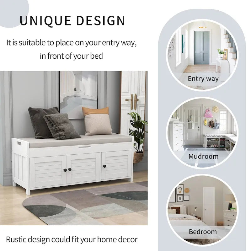 Banc de rangement avec 3 portes persiennes, banc à chaussures avec coussin amovible et espace de rangement caché