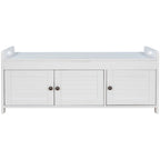 Banc de rangement avec 3 portes persiennes, banc à chaussures avec coussin amovible et espace de rangement caché