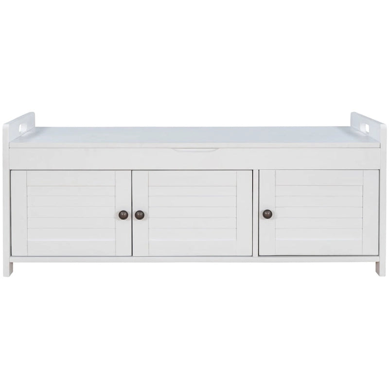 Banc de rangement avec 3 portes persiennes, banc à chaussures avec coussin amovible et espace de rangement caché