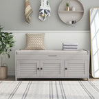 Banc de rangement avec 3 portes persiennes, banc à chaussures avec coussin amovible et espace de rangement caché