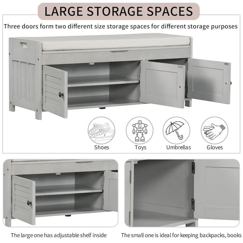 Banc de rangement avec 3 portes persiennes, banc à chaussures avec coussin amovible et espace de rangement caché