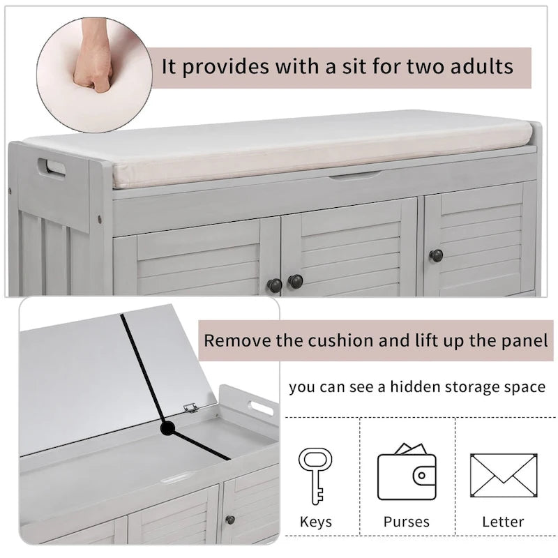 Banc de rangement avec 3 portes persiennes, banc à chaussures avec coussin amovible et espace de rangement caché