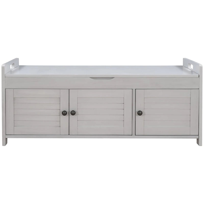 Banc de rangement avec 3 portes persiennes, banc à chaussures avec coussin amovible et espace de rangement caché