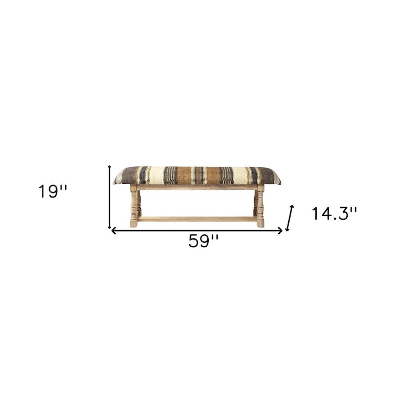 HomeRoots Banc en jute rayé rembourré beige, gris et marron 59 po - 59