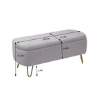 Banc pouf de rangement gris pour pied de lit avec pieds dorés, banc d'entrée moderne en fausse fourrure grise rembourré avec rangement