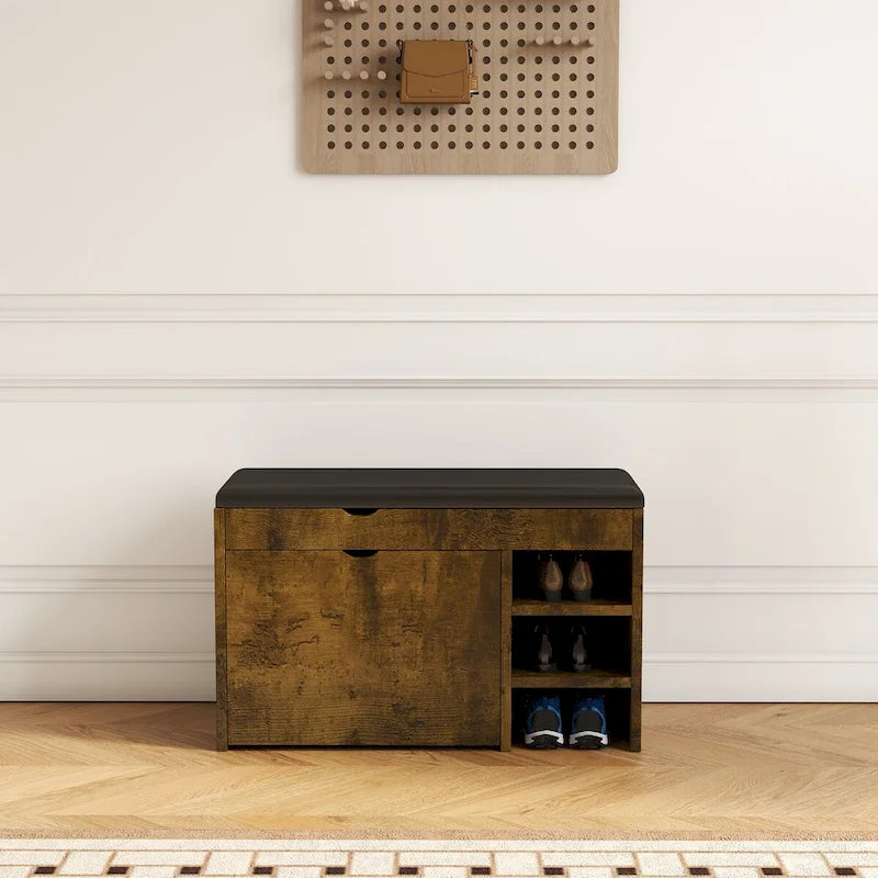 Banc à chaussures marron noir, coussin moelleux, doux et confortable, peut être placé à l'entrée, dans la chambre et d'autres lieux.