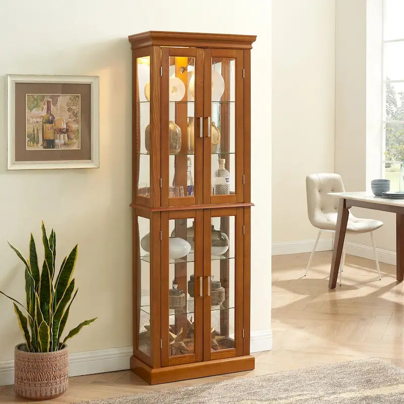 Vitrine éclairée, étagères réglables, panneau arrière miroir, portes en verre trempé (6 niveaux), (ampoule E26 non incluse)