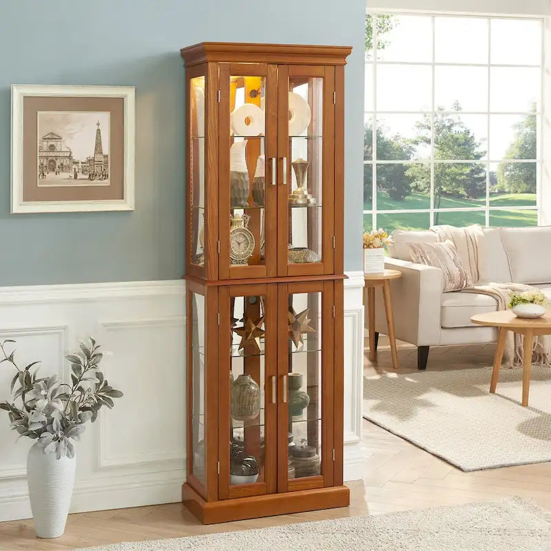 Vitrine éclairée, étagères réglables, panneau arrière miroir, portes en verre trempé (6 niveaux), (ampoule E26 non incluse)