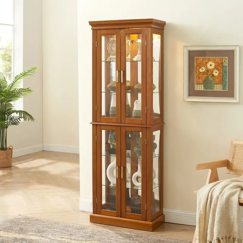 Vitrine éclairée, étagères réglables, panneau arrière miroir, portes en verre trempé (6 niveaux), (ampoule E26 non incluse)