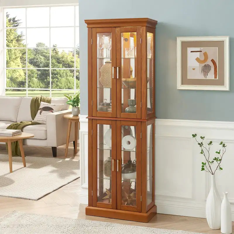 Vitrine éclairée, étagères réglables, panneau arrière miroir, portes en verre trempé (6 niveaux), (ampoule E26 non incluse)