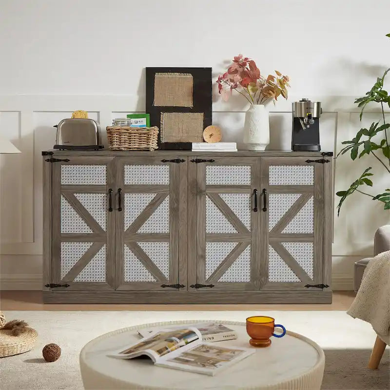 Rustic Faux Rattan Storage Cabinet