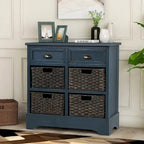 Meuble de rangement rustique avec deux tiroirs et quatre paniers en rotin classiques pour la salle à manger/l'entrée/le salon (Bleu Marine Antique)