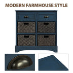 Meuble de rangement rustique avec deux tiroirs et quatre paniers en rotin classiques pour la salle à manger/l'entrée/le salon (Bleu Marine Antique)