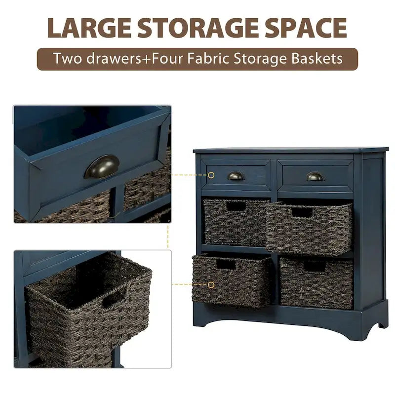 Meuble de rangement rustique avec deux tiroirs et quatre paniers en rotin classiques pour la salle à manger/l'entrée/le salon (Bleu Marine Antique)