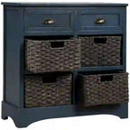 Meuble de rangement rustique avec deux tiroirs et quatre paniers en rotin classiques pour la salle à manger/l'entrée/le salon (Bleu Marine Antique)