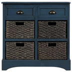 Meuble de rangement rustique avec deux tiroirs et quatre paniers en rotin classiques pour la salle à manger/l'entrée/le salon (Bleu Marine Antique)