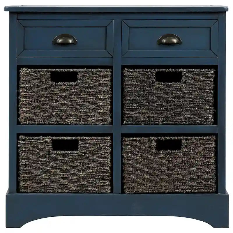 Meuble de rangement rustique avec deux tiroirs et quatre paniers en rotin classiques pour la salle à manger/l'entrée/le salon (Bleu Marine Antique)