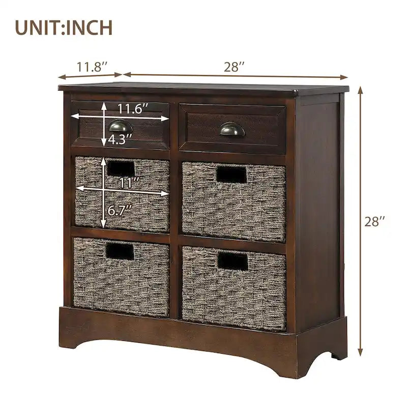 Meuble de rangement rustique avec deux tiroirs et quatre paniers en rotin classiques pour la salle à manger/l'entrée/le salon (Bleu Marine Antique)