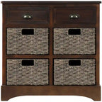 Meuble de rangement rustique avec deux tiroirs et quatre paniers en rotin classiques pour la salle à manger/l'entrée/le salon (Bleu Marine Antique)