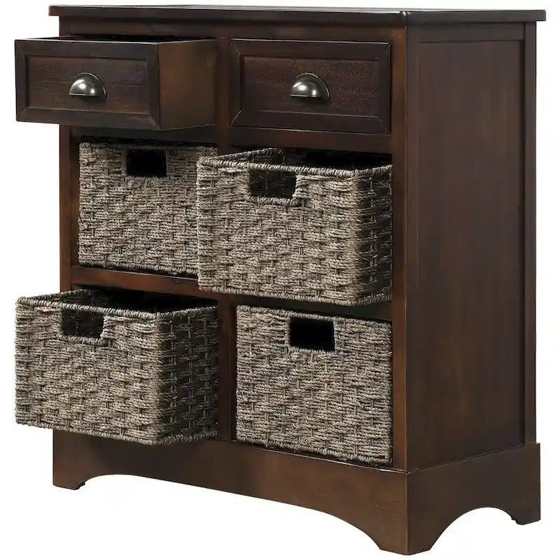 Meuble de rangement rustique avec deux tiroirs et quatre paniers en rotin classiques pour la salle à manger/l'entrée/le salon (Bleu Marine Antique)