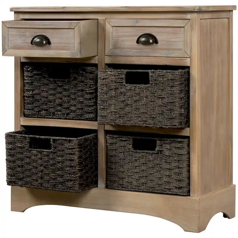 Meuble de rangement rustique avec deux tiroirs et quatre paniers en rotin classiques pour la salle à manger/l'entrée/le salon (Bleu Marine Antique)