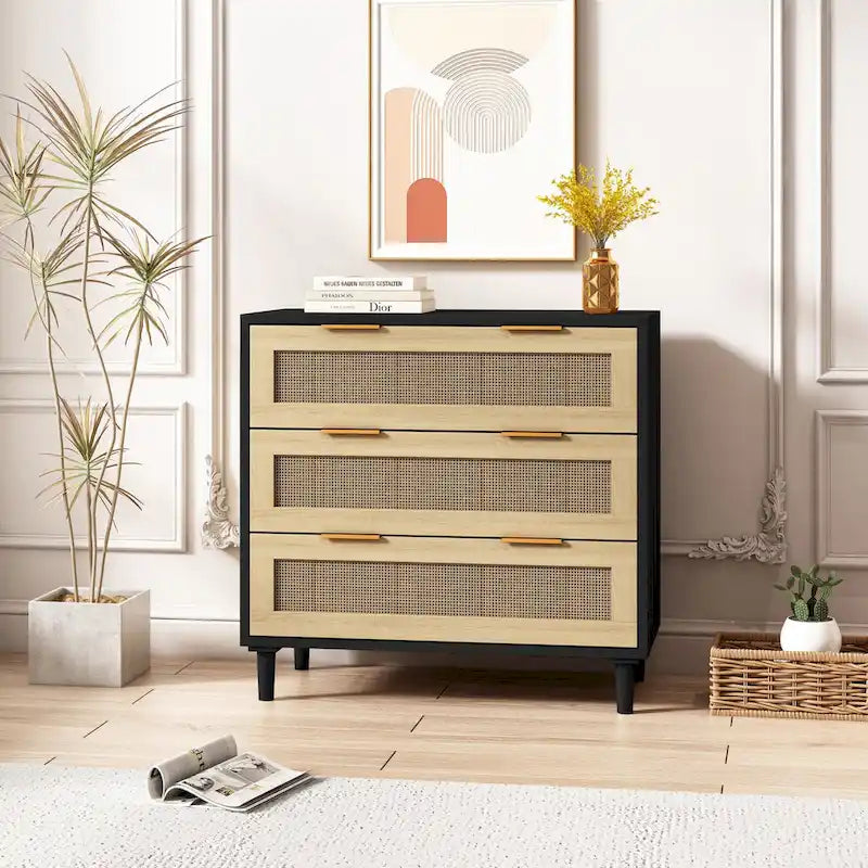 Commode de rangement en rotin à 3 tiroirs pour Chambre, Salon, Salle à manger