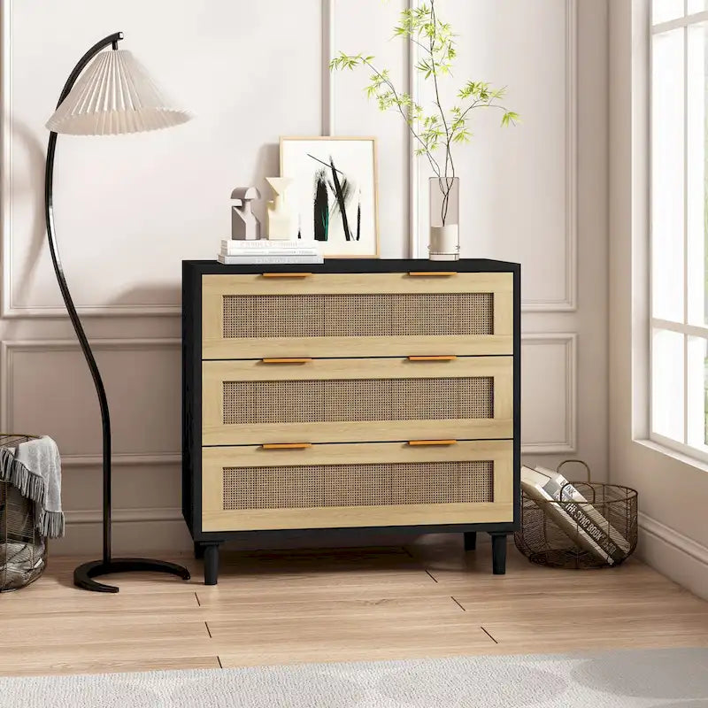 Commode de rangement en rotin à 3 tiroirs pour Chambre, Salon, Salle à manger