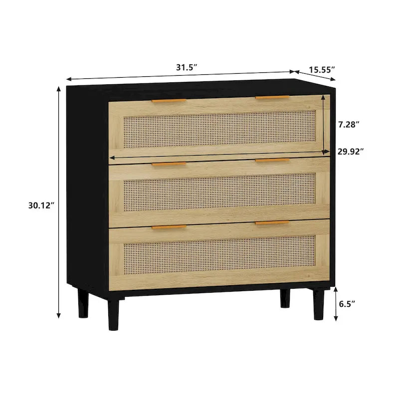 Commode de rangement en rotin à 3 tiroirs pour Chambre, Salon, Salle à manger
