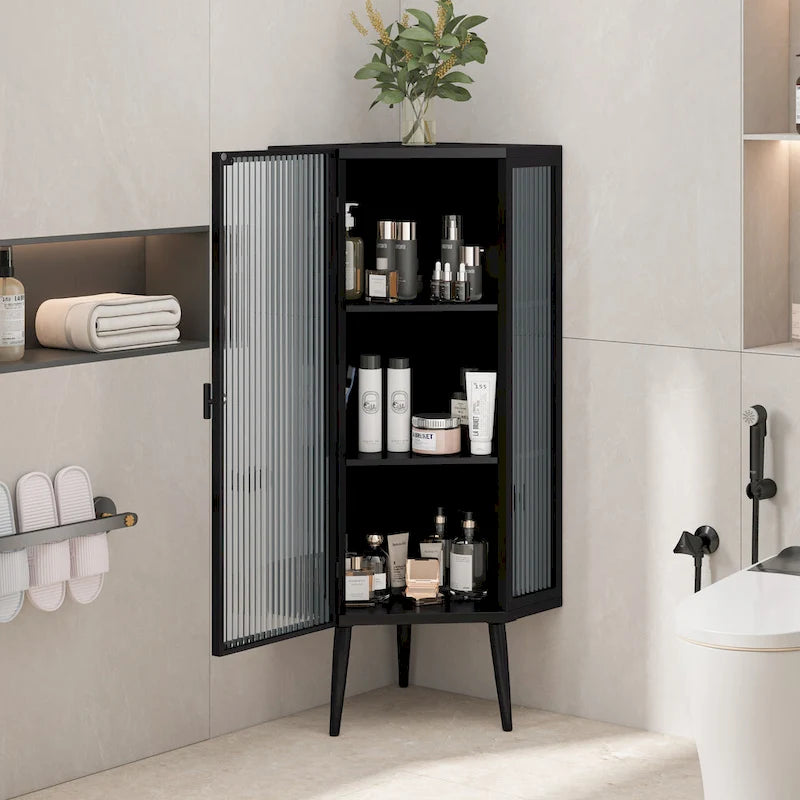 Meuble à trois niveaux avec portes en verre trempé et étagères de rangement