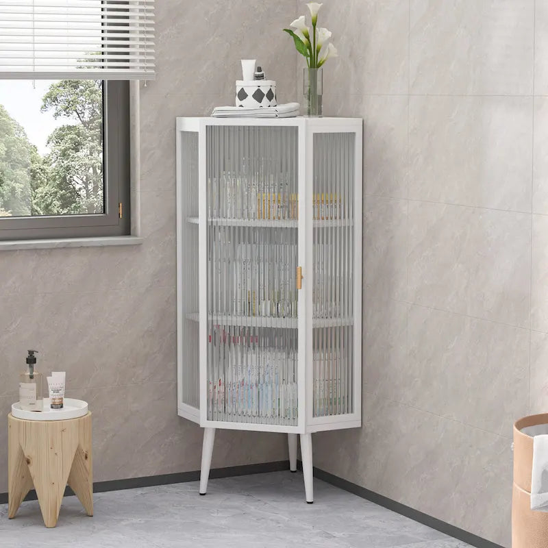 Meuble à trois niveaux avec portes en verre trempé et étagères de rangement