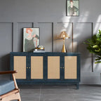 Panneaux à grain premium fabriqués à la main, Armoire de rangement d'appoint avec 4 portes en rotin, Table console placard de rangement moderne